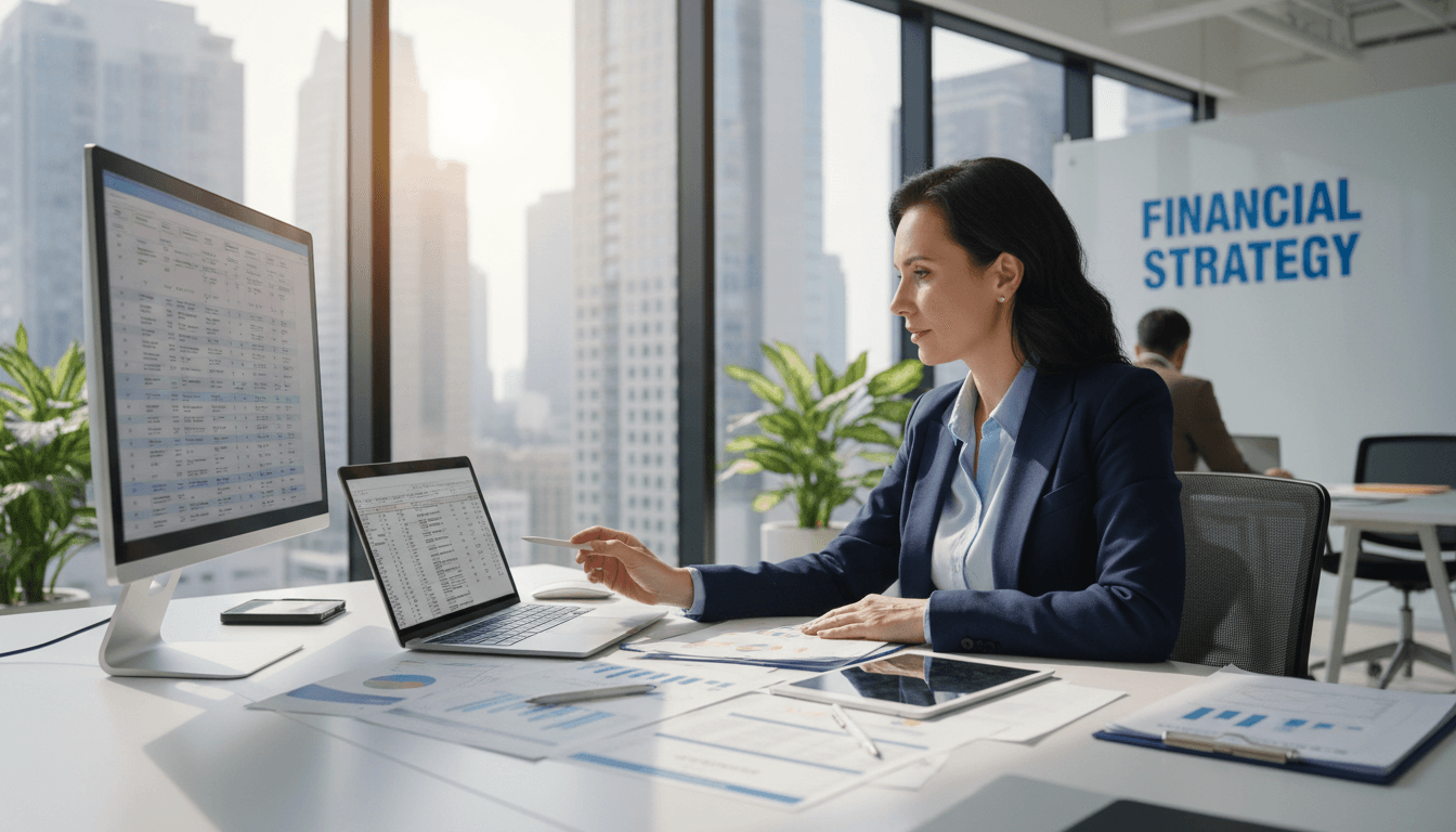 Professional financial consultant reviewing documents at a clean, bright desk