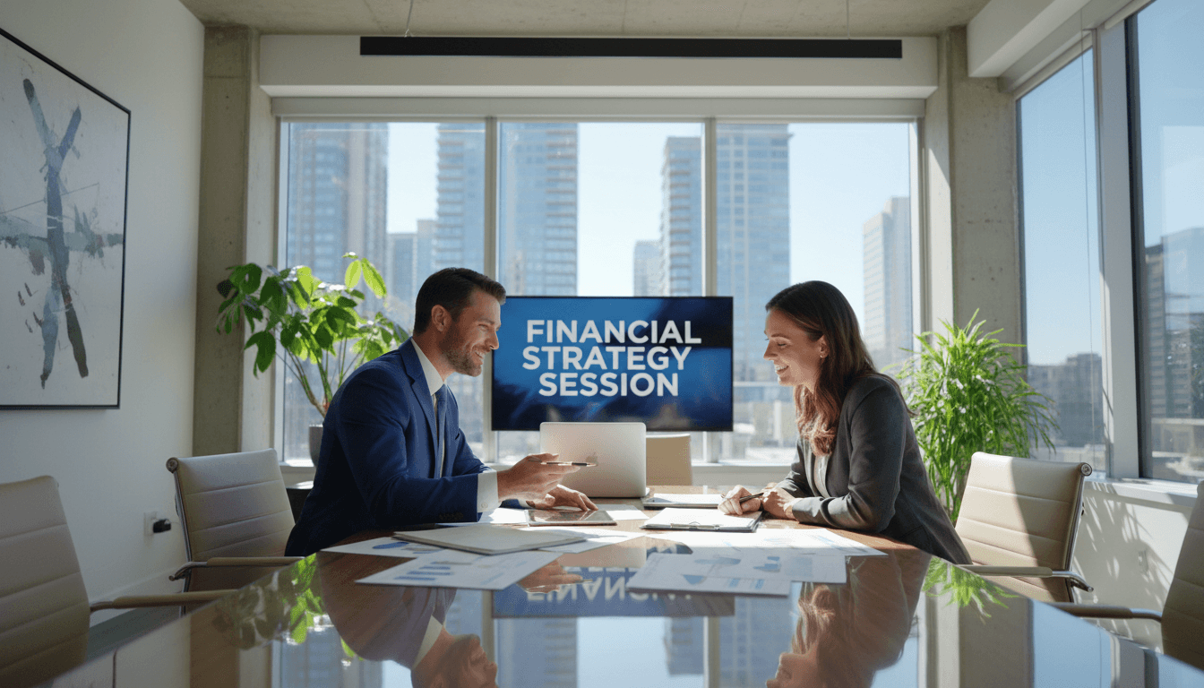 Financial consultant in a bright modern office reviewing documents with a client