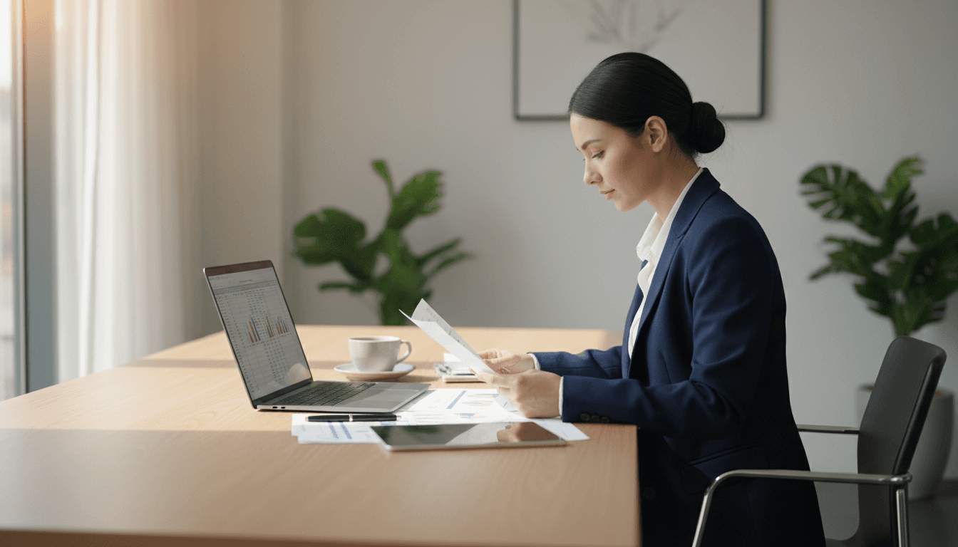 Rae Chacon reviewing financial documents at her desk in Los Angeles