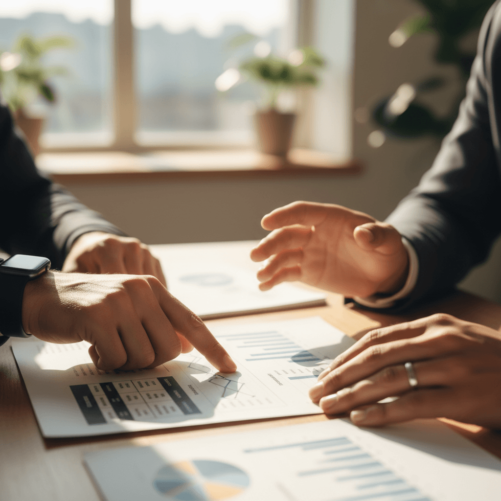 Financial advisor and client reviewing a financial plan document together